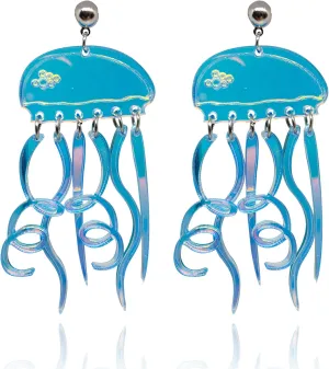 QUPENGXU Cute Colorful Laser Jellyfish Earrings Long Tassel Wavy Earrings Acrylic Dangle Ear Studs For Women