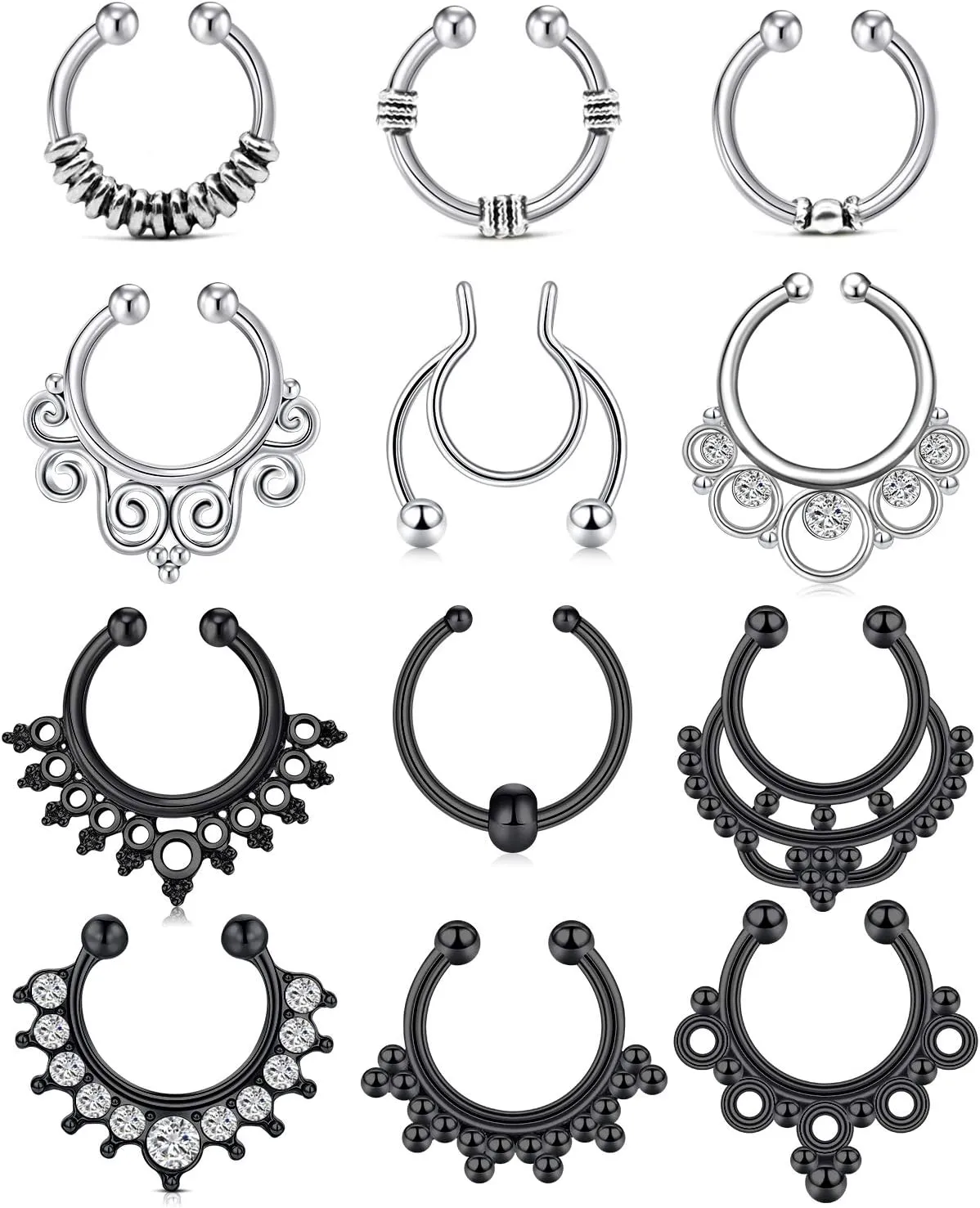 QWALIT Fake Nose Rings & Septum Piercings - Clip On, Non-Piercing, Faux Nose Rings & Hoops for Women & Men