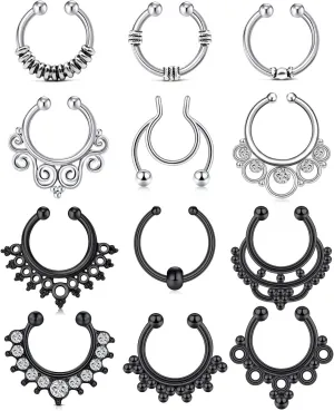 QWALIT Fake Nose Rings & Septum Piercings - Clip On, Non-Piercing, Faux Nose Rings & Hoops for Women & Men