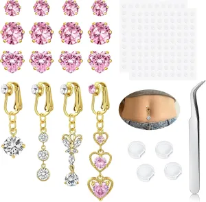 QWALIT Gold Fake Belly Piercing Cubic Zircon Butterfly Clip on Belly Button Rings Stick on Navel Ring Studsnon Piercing Fake Piercing Jewelry Pink Heart Silver Sticky Balls no Pierced