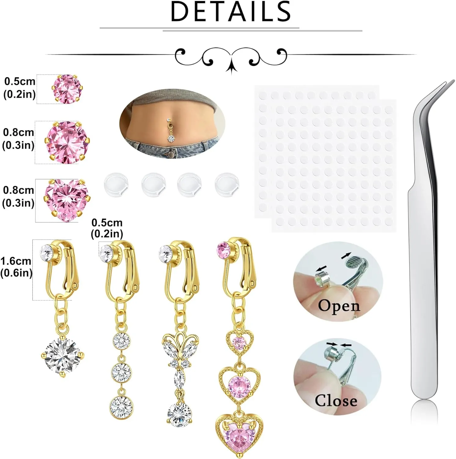 QWALIT Gold Fake Belly Piercing Cubic Zircon Butterfly Clip on Belly Button Rings Stick on Navel Ring Studsnon Piercing Fake Piercing Jewelry Pink Heart Silver Sticky Balls no Pierced