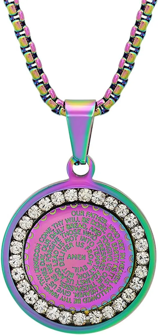 Rainbow Ion Plated Stainless Steel Catholic Lords Prayer Pendant with Simulated Diamonds | Jesus Taught Prayer Necklace | Stainless Steel Necklace for Men and Women | Rainbow IP - Prayer in English