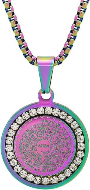 Rainbow Ion Plated Stainless Steel Catholic Lords Prayer Pendant with Simulated Diamonds | Jesus Taught Prayer Necklace | Stainless Steel Necklace for Men and Women | Rainbow IP - Prayer in English