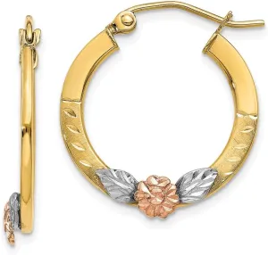 Real 14k Yellow and Rose Gold Diamond-Cut Flower Hoop Earrings - 21mm x 20mm