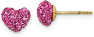 Real 14k Yellow Gold Pink Crystal Heart Post Studs Earrings 7mm