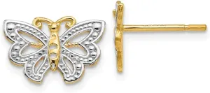 Real 14k Yellow Gold Two Toned Butterfly Post Studs Earrings - 8mm x 12mm