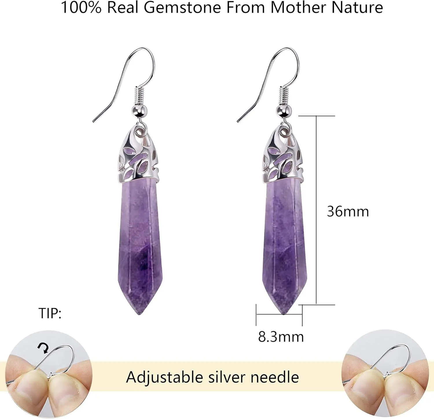 Real Natural Quartz Stone Healing Point Crystal Chakra Dangle Earrings Valentine's day Mother's day Gift