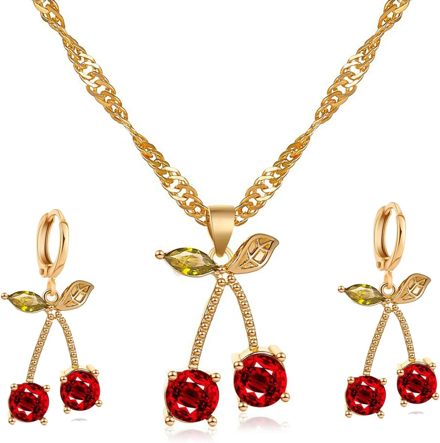 Red Crystal Cherry Fruit Earring Pendant Necklace for Women,Creative Cute Tropical Fruit Cherry Choker Sweet Shining Green Leaf Ruby Red Cherry Stud Earrings