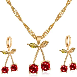Red Crystal Cherry Fruit Earring Pendant Necklace for Women,Creative Cute Tropical Fruit Cherry Choker Sweet Shining Green Leaf Ruby Red Cherry Stud Earrings