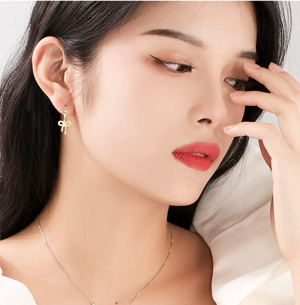 Reffeer Solid 925 Sterling Silver Bow Drop Hoop Earrings for Women Teens Bowknot Hoop Earrings Huggie Ribbon Earrings