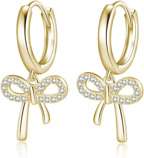 Reffeer Solid 925 Sterling Silver Bow Drop Hoop Earrings for Women Teens Bowknot Hoop Earrings Huggie Ribbon Earrings