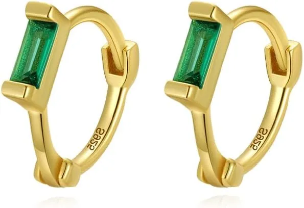 Reffeer Solid 925 Sterling Silver Green CZ Hoop Earrings Huggie for Women Teens Minimalist Hoop Earrings Helix Cartilage Hoops