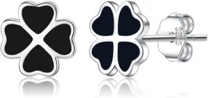 Reffeer Solid 925 Sterling Silver Leaf Clover Earrings Studs for Women Teen Girls Black Leaf Stud Earrings Clover