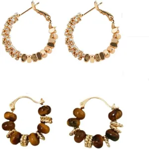 Retro-Inspired 14k Gold Plated Huggies Hoop Dangle Earrings for Women with Tiger Eye Stone & Rhinestone Sparkle 925 Silver Post Click-Top Closure