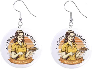 Retro Pinup Girl, Fresh Sarcasm Served Daily design, Waitress, Restaurant, 1 inch Button Earrings Jewelry