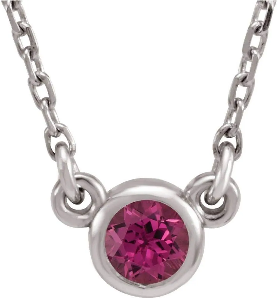 Rhodium Plated Sterling Silver 3mm Round Shape Imitation Pink Tourmaline Solitaire Necklace Fine Jewelry for Women Gifts for Her, 16"