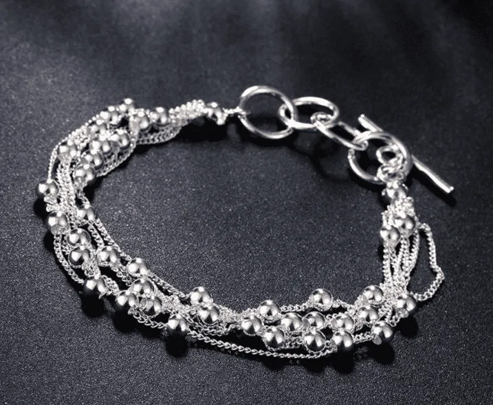 Roly Beads Silver Bold Toggle Closure Multi Chain Layer Adjustable Bracelet for Woman Everyday Accessory Great Gift
