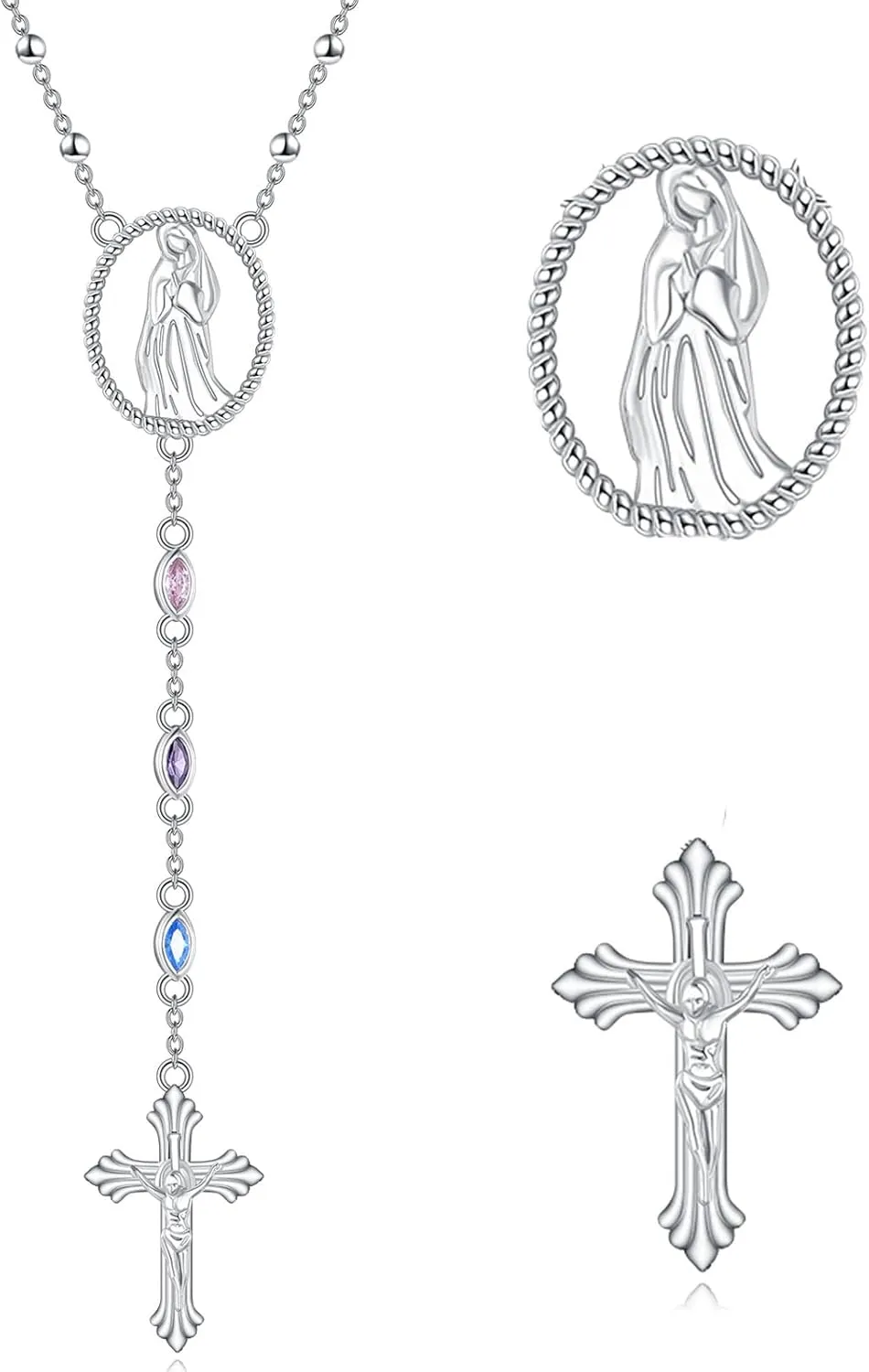Rosary Necklace Sterling Silver Cross Pendant Necklace Rosarios Beads Catolicos Jewelry Gifts for Women