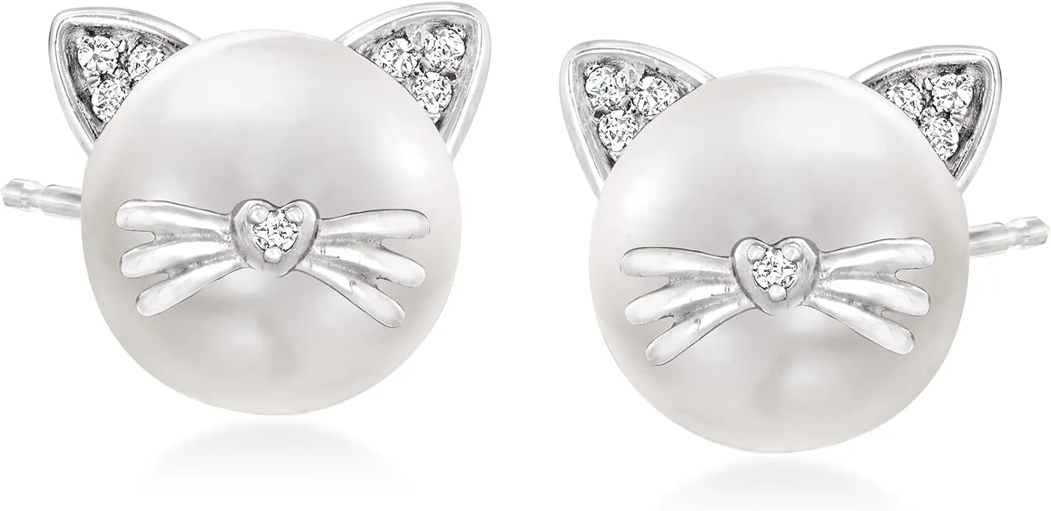 Ross-Simons 8-8.5mm Cultured Pearl Cat Earrings with Diamond Accents in Sterling Silver