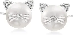 Ross-Simons 8-8.5mm Cultured Pearl Cat Earrings with Diamond Accents in Sterling Silver