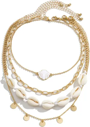 Rrdaily Cute Starfish Shell Necklace Bohemian Layered Shell Necklace Gold Chain with Cowrie Shells, Vacation Beach Jewelry for Women