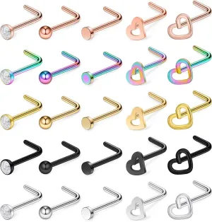 Ruifan 18G 20G 316L Surgical Steel Nose Stud Ring L Shaped with 2MM Flat Top Piercing Jewelry 2-25PCS