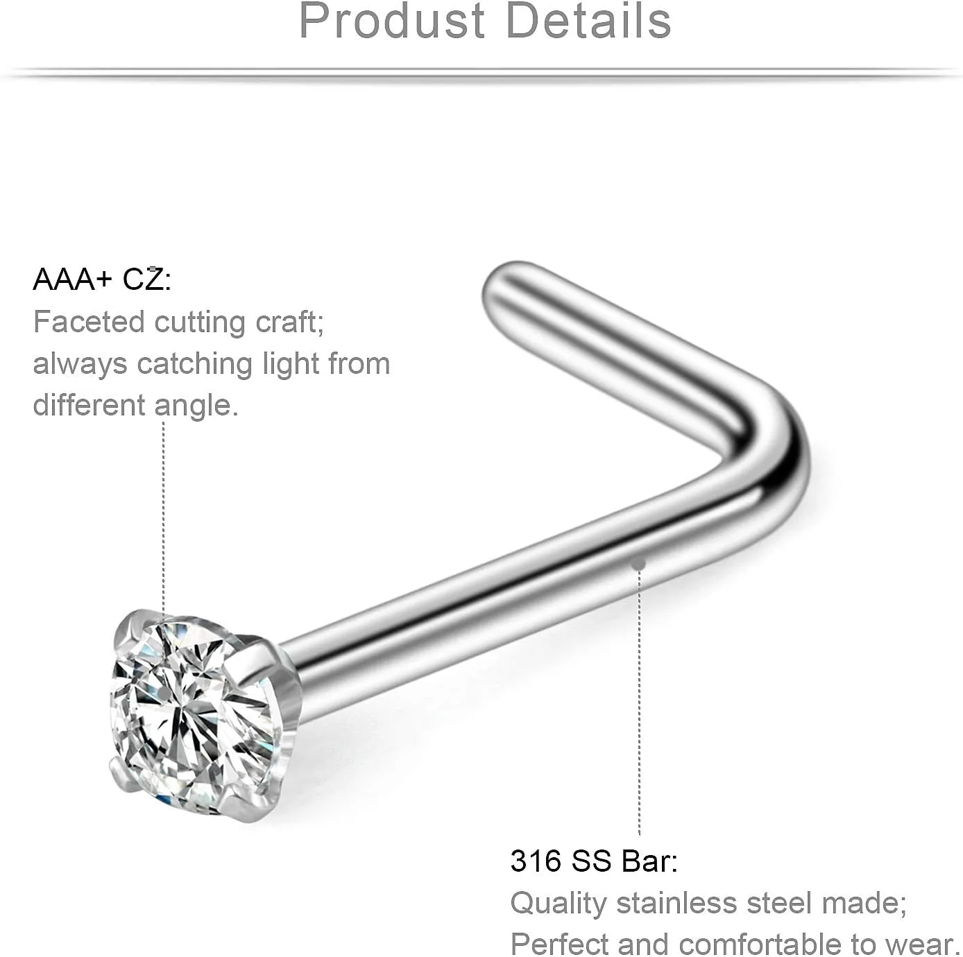 Ruifan 20G Surgical Steel Nose Stud Rings L Shaped Tragus Lip Nose Hoop Ring Piercing Jewelry Flat Ball Heart Star Moon CZ 4-22PCS