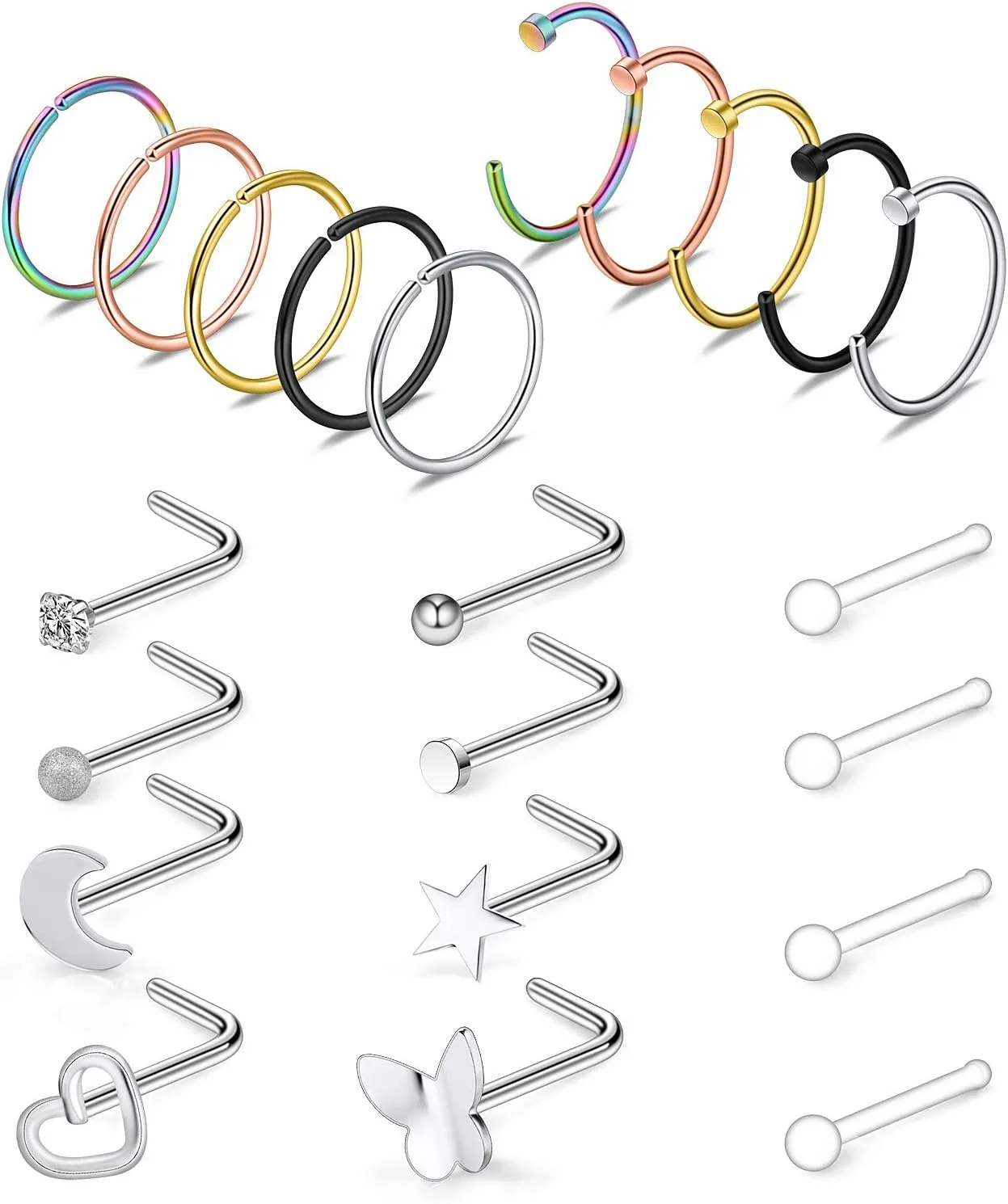 Ruifan 20G Surgical Steel Nose Stud Rings L Shaped Tragus Lip Nose Hoop Ring Piercing Jewelry Flat Ball Heart Star Moon CZ 4-22PCS