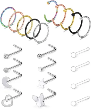 Ruifan 20G Surgical Steel Nose Stud Rings L Shaped Tragus Lip Nose Hoop Ring Piercing Jewelry Flat Ball Heart Star Moon CZ 4-22PCS