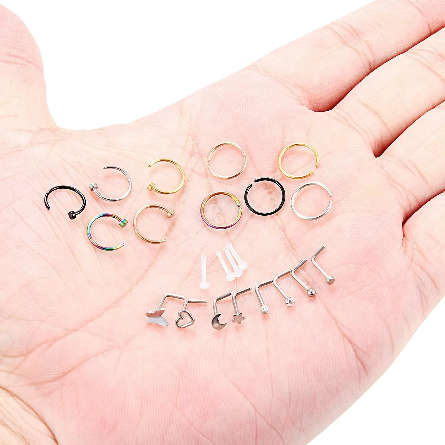 Ruifan 20G Surgical Steel Nose Stud Rings L Shaped Tragus Lip Nose Hoop Ring Piercing Jewelry Flat Ball Heart Star Moon CZ 4-22PCS