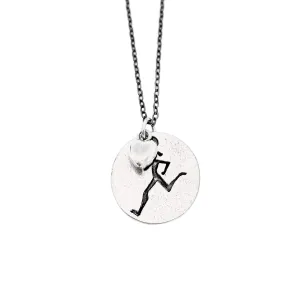 Runner Girl Love Necklace - Pewter Heart and Pewter Round Runner Girl Pendant on 18 inch Gunmetal Chain