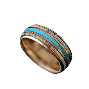 Rustic Deer Antler Rings for Men Tungsten Rustic 18K Rose Gold Ring Mens Wedding Band with Turquoise Inlay 8mm Unique Nature Inspired Outdoorsman Anniversary Gifts for Him