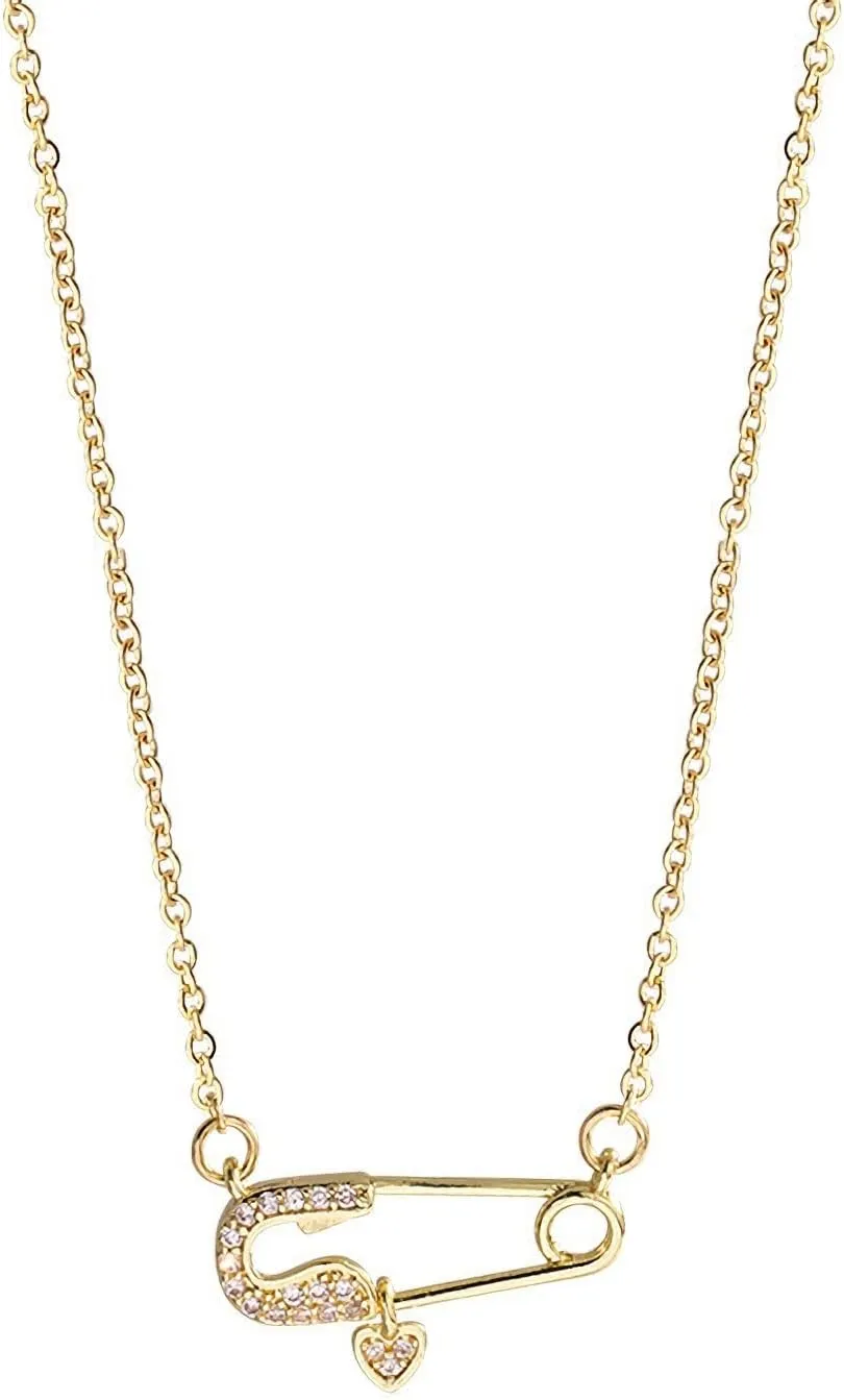 Safety Pin Necklace for Women Gold Pendant Cubic Zirconia 18K Gold Filled Dainty Chain Simple Handmade Jewelry