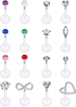 SCERRING 16g Lip Rings Clear Acrylic Flexible Labret Monroe Lip Rings Nail Tragus Helix Earrings Studs Ring Medusa Piercing Jewelry Retainer 8mm 16PCS