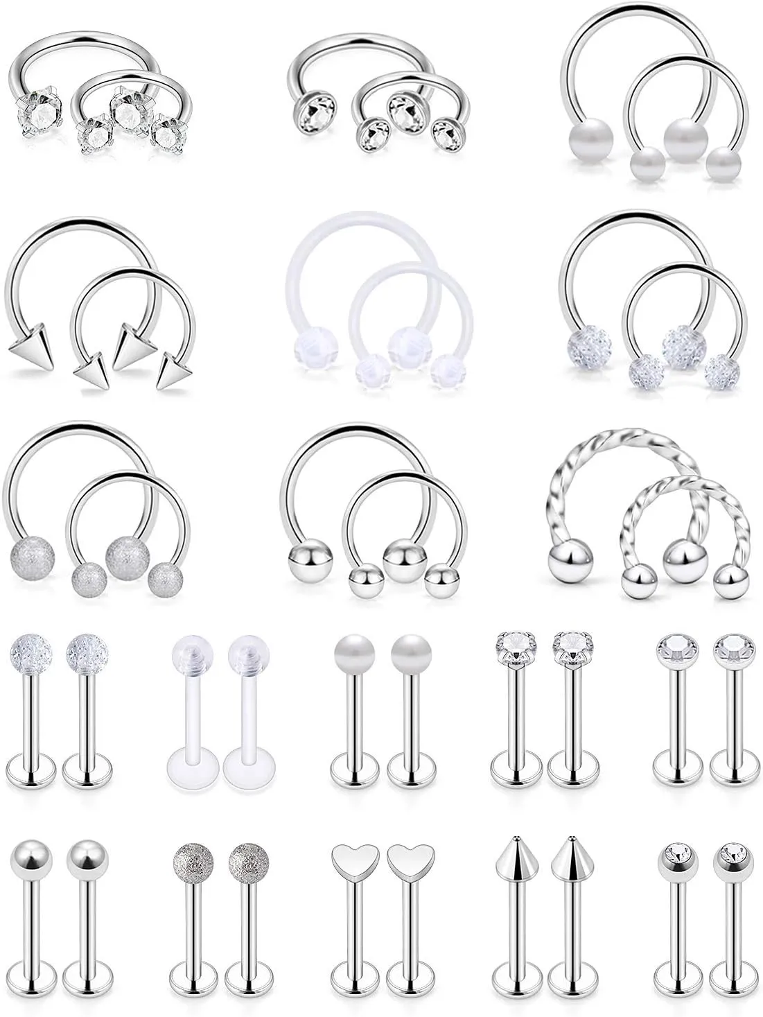 SCERRING 16g Lip Rings Stainless Steel Horseshoe Labret Monroe Lip Rings Nail Tragus Rook Helix Cartilage Earrings Studs Ring Medusa Piercing Jewelry 38PCS