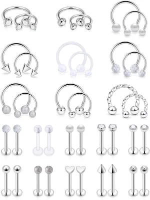 SCERRING 16g Lip Rings Stainless Steel Horseshoe Labret Monroe Lip Rings Nail Tragus Rook Helix Cartilage Earrings Studs Ring Medusa Piercing Jewelry 38PCS