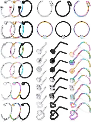 SCERRING 20G 5PCS Mix Color Stainless Steel L-Shape Nose Stud Ring Piercing Body Jewelry 2mm Top