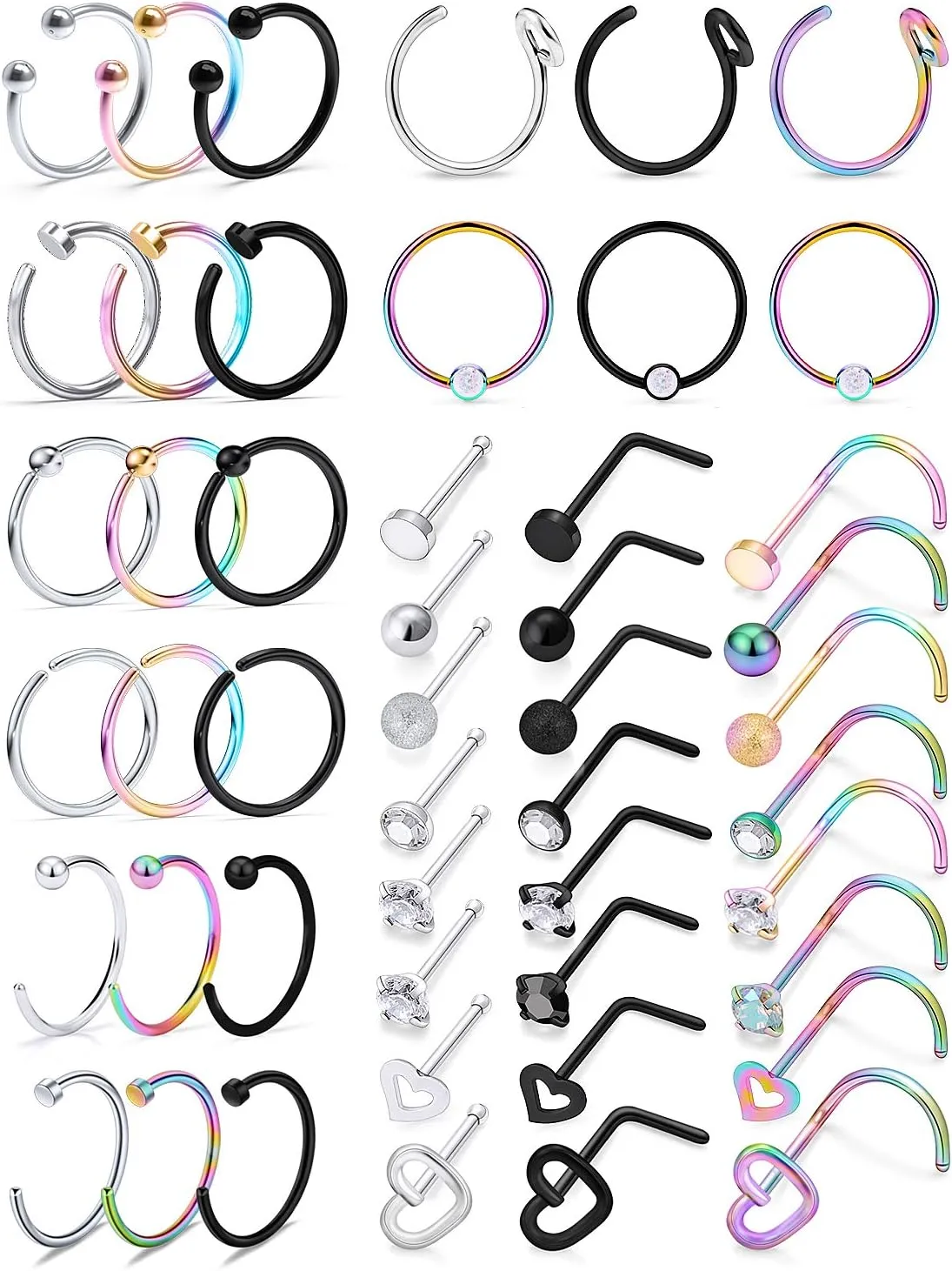 SCERRING 20G 5PCS Mix Color Stainless Steel L-Shape Nose Stud Ring Piercing Body Jewelry 2mm Top