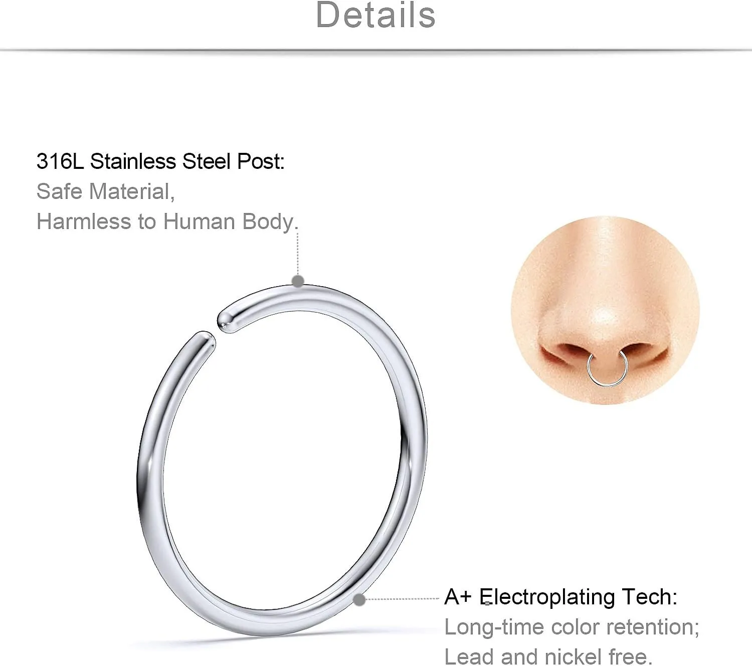 SCERRING 20G 5PCS Mix Color Stainless Steel L-Shape Nose Stud Ring Piercing Body Jewelry 2mm Top