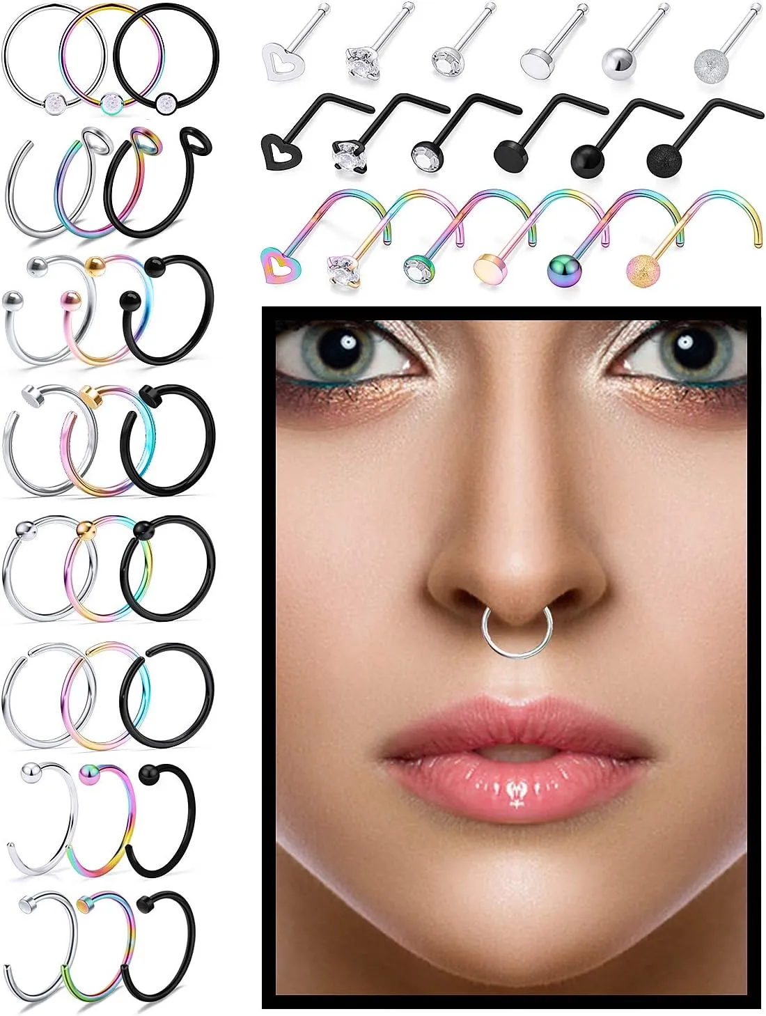 SCERRING 20G 5PCS Mix Color Stainless Steel L-Shape Nose Stud Ring Piercing Body Jewelry 2mm Top