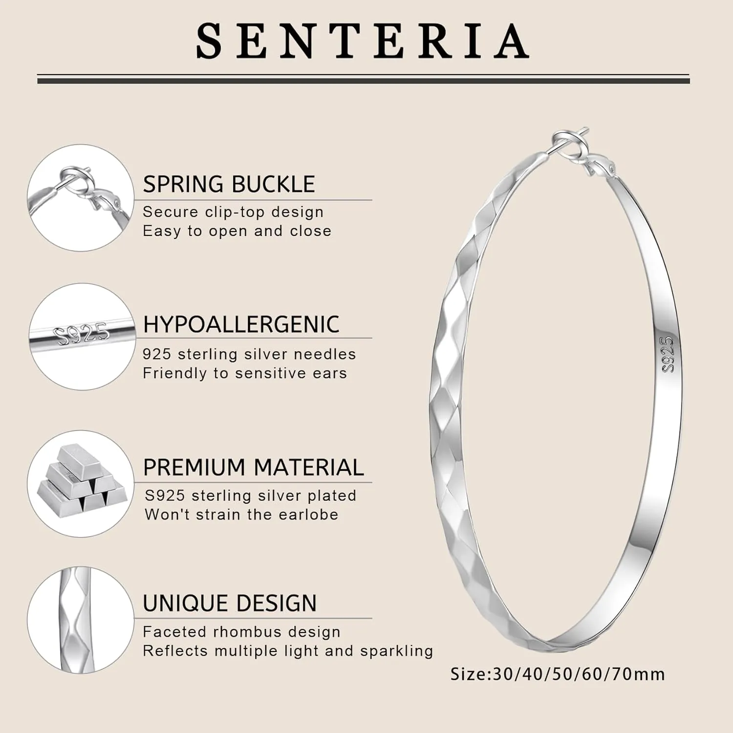 Senteria Silver Hoop Earrings for Women 925 Sterling Silver Hoop Earrings Hypoallergenic Large Silver Hoop Earrings Lightweight Big Silver Hoop Earrings for Women 30/40/50/60/70MM