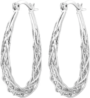 Senteria Sterling Silver Hoop Earrings - Medium, Lightweight, Thick Twist Oval Hoops