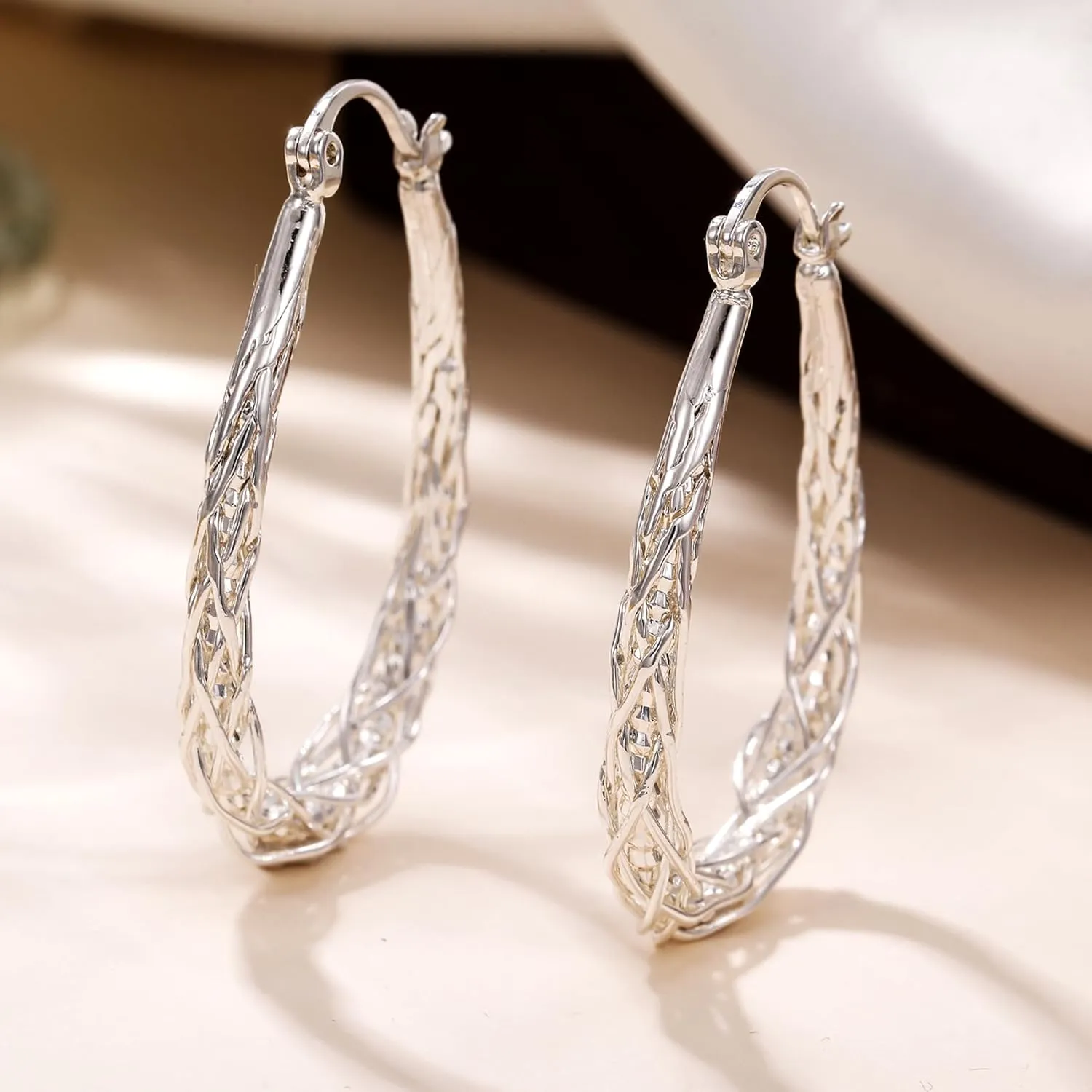 Senteria Sterling Silver Hoop Earrings - Medium, Lightweight, Thick Twist Oval Hoops