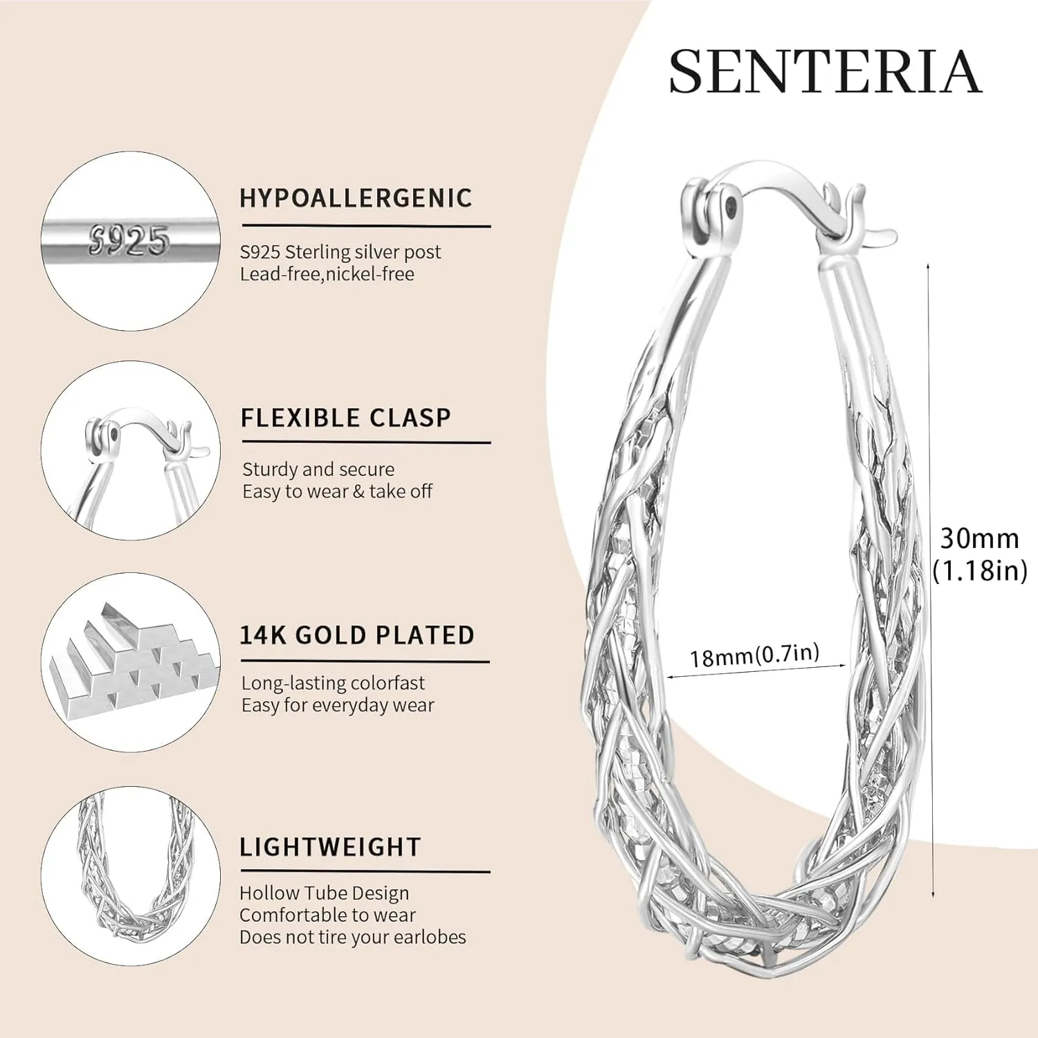 Senteria Sterling Silver Hoop Earrings - Medium, Lightweight, Thick Twist Oval Hoops
