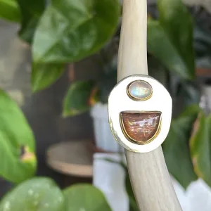 Shield ring with sunstone and rainbow moonstone