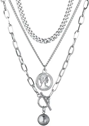 Silver Layered Necklace for Women Men, Paper Clip Chain Necklace,Long Pendant Necklace Silver