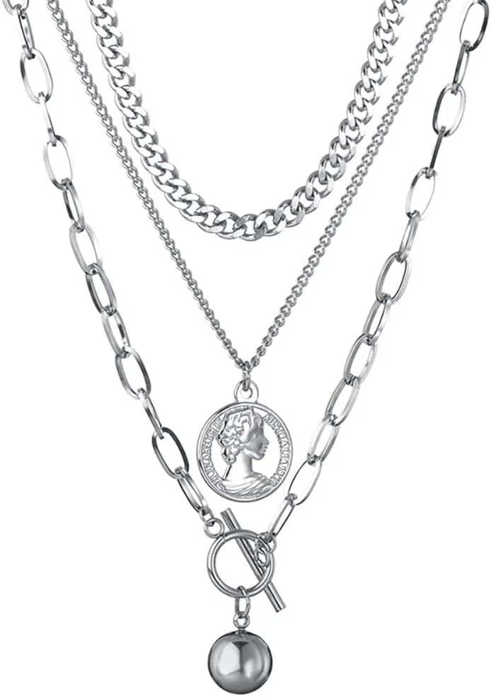 Silver Layered Necklace for Women Men, Paper Clip Chain Necklace,Long Pendant Necklace Silver