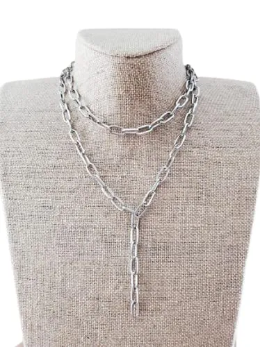Silver Link Chain Paperclip Lariat Necklace Double Layer Stainless Steel
