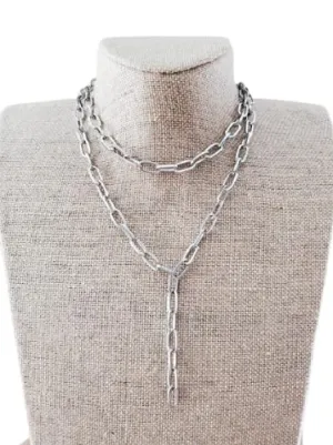 Silver Link Chain Paperclip Lariat Necklace Double Layer Stainless Steel
