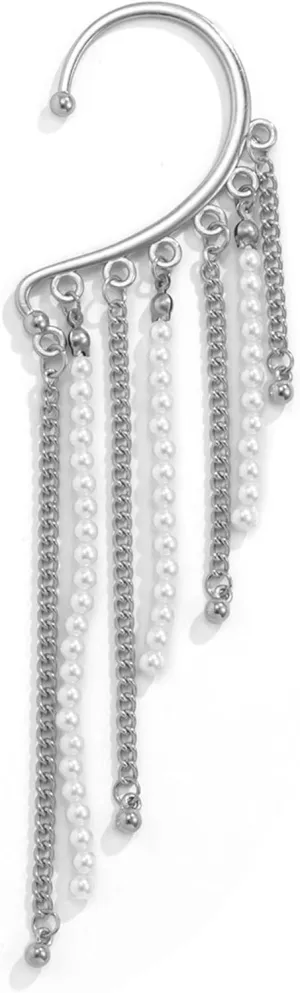 Silver Shaped Pearl Tassel Elf Ear Cuff Single Left Handmade Non Piercing Earring for Women